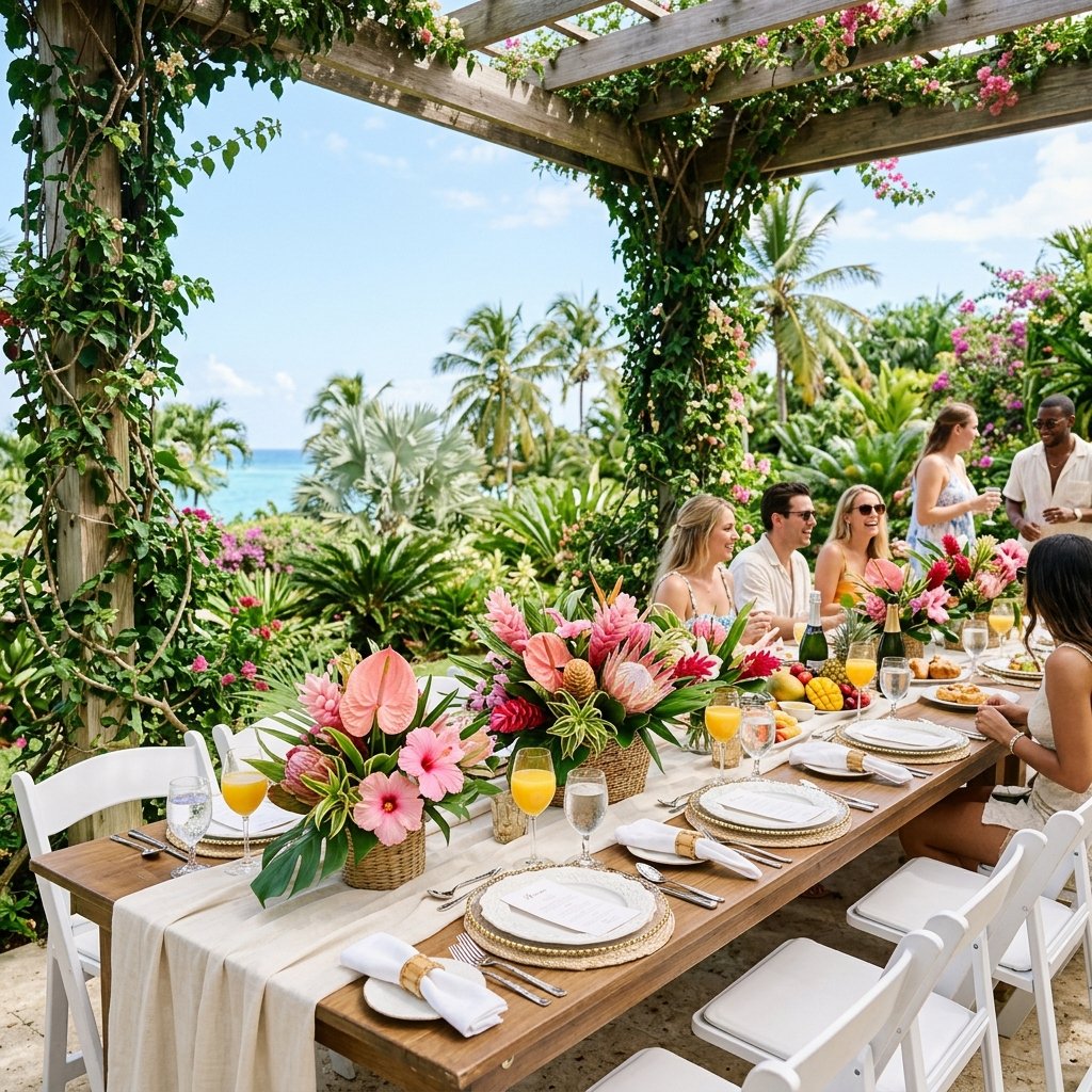 Elegant outdoor sunny garden brunch rental tables and wooden folding chairs under pergola in America