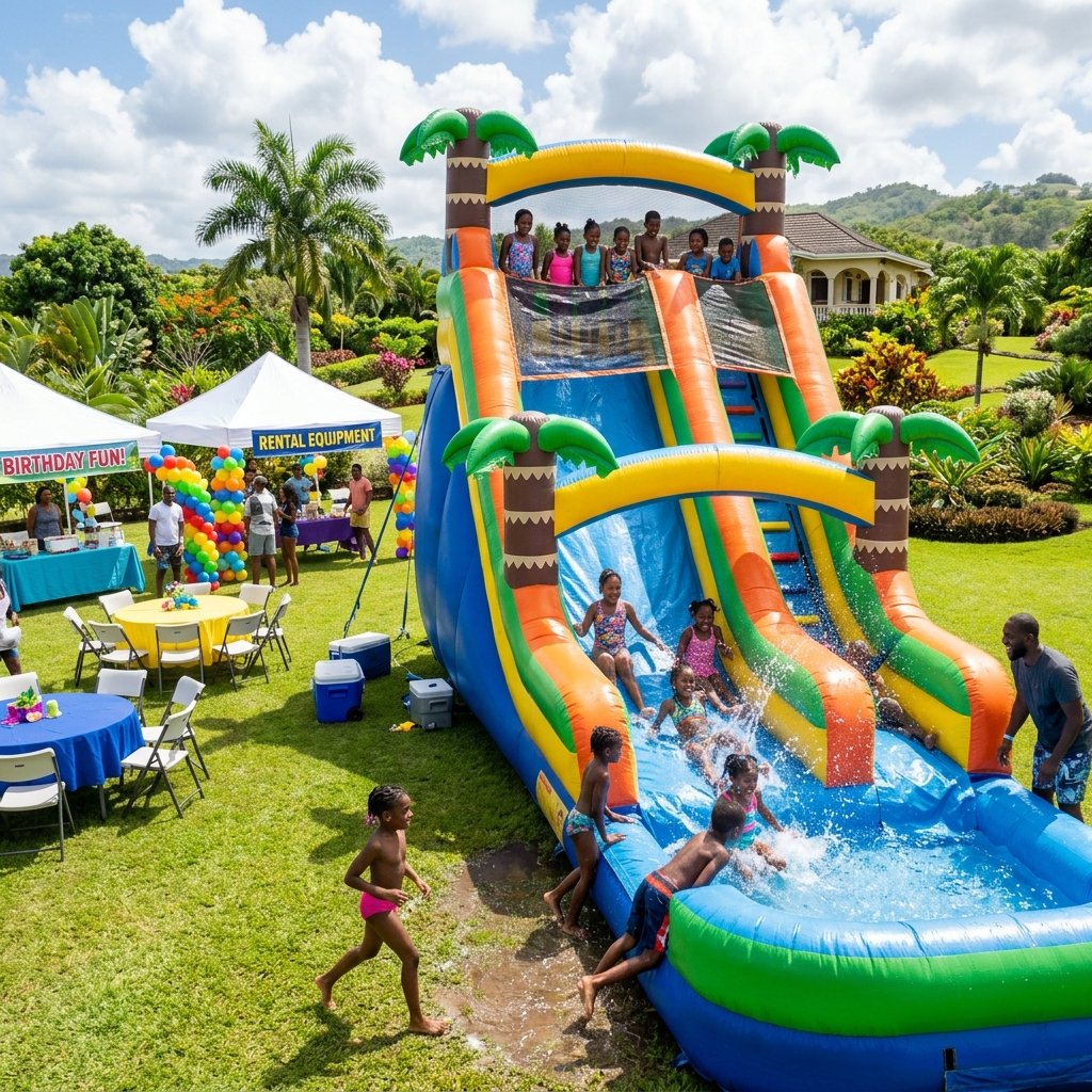 Massive commercial water slide inflatable backyard splash party with rental pop-up tents and tables in America
