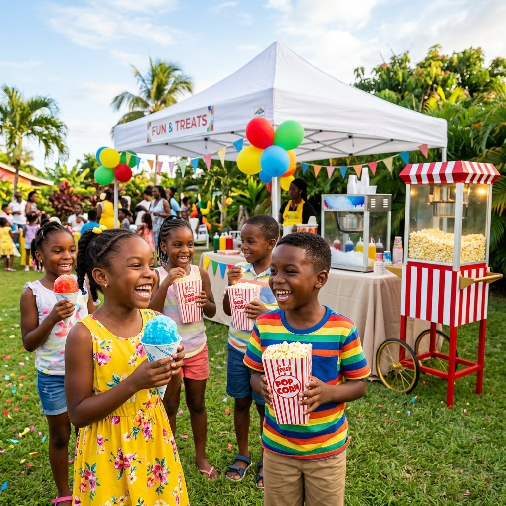 Smiling kids holding paper snow cones and popcorn boxes next to rental concession machines in America