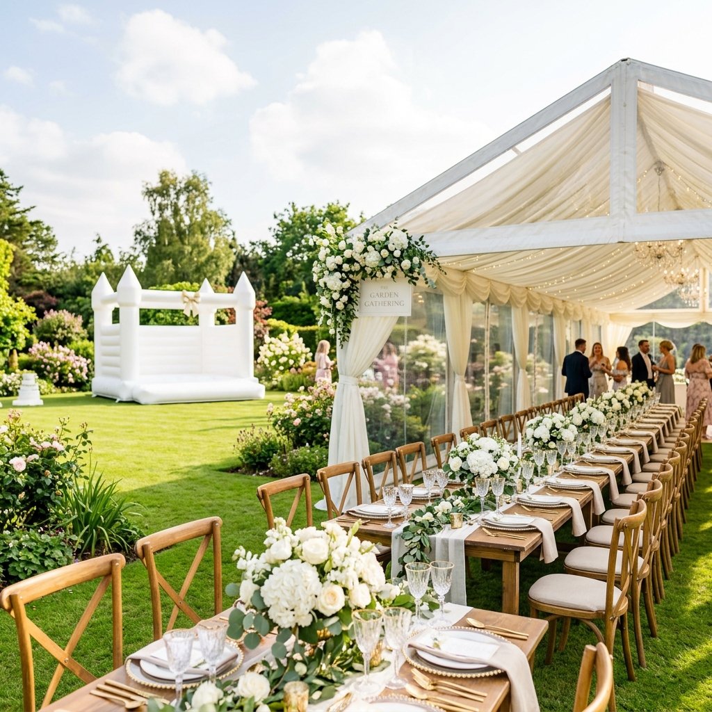 Premium outdoor event setup featuring luxury marquee tent, elegant dining tables, cross-back chairs, and a white bounce house in America