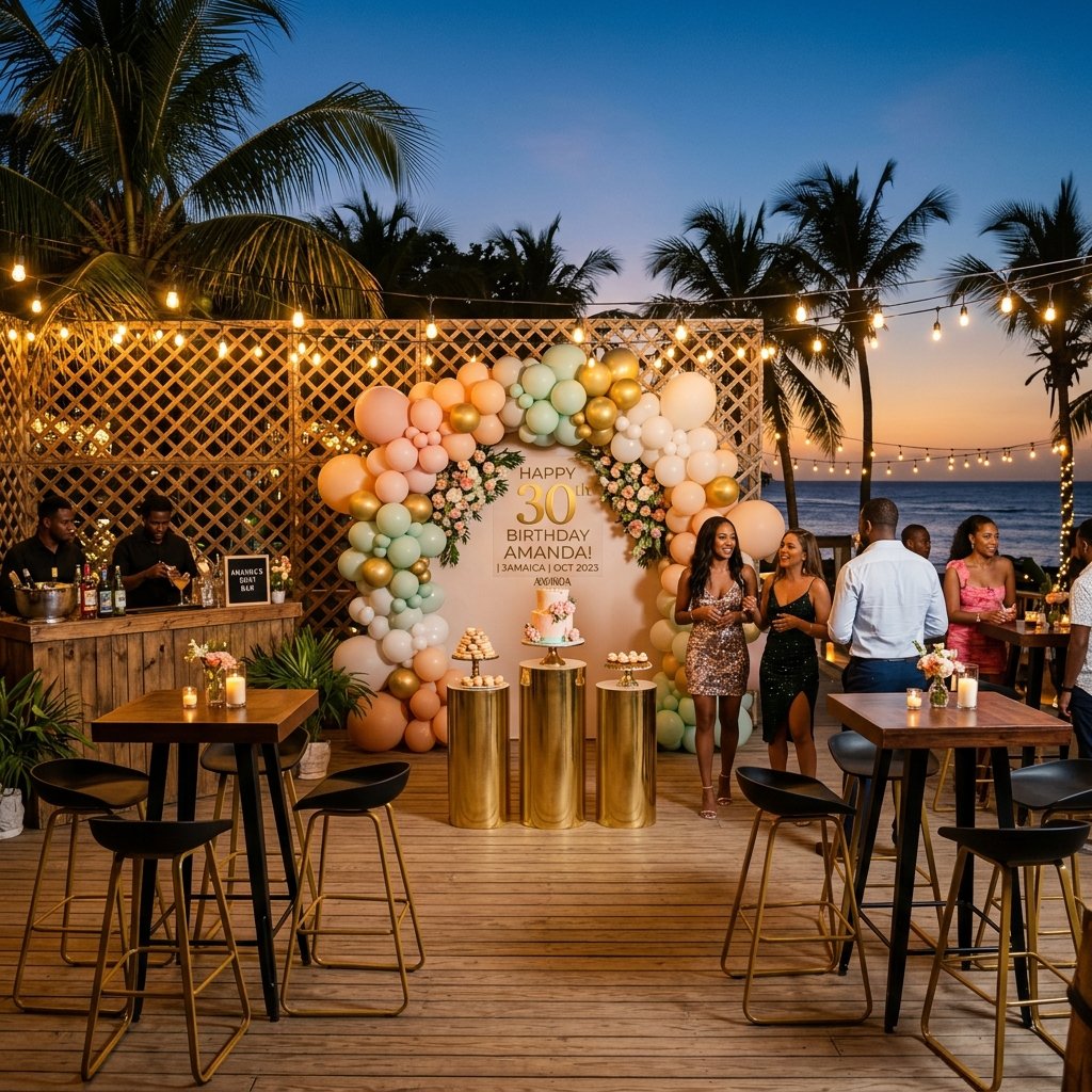 Upscale outdoor evening birthday deck party setup with pastel balloon garland arch and high-top rental tables in America